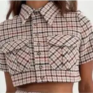NWT Rumored Coco Top Newbury Plaid Tweed Cropped Brown Maroon Gold Chic Size M